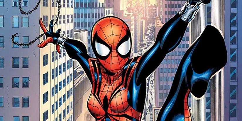 Spider-Girl swings above the streets of New York in Marvel Comics
