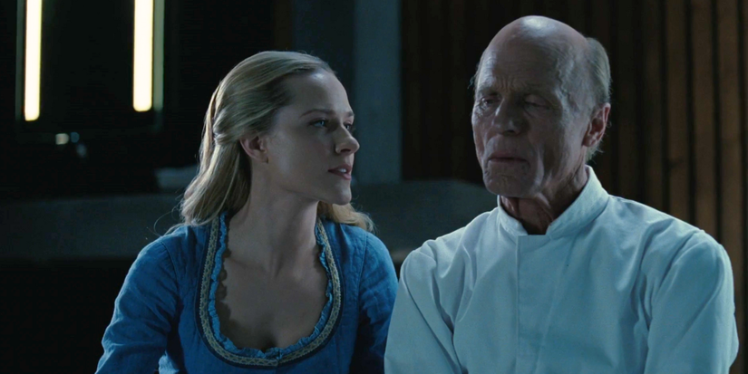 Dolores (Evan Rachel Wood) talks to the Man in Black who's wearing white (Ed Harris)