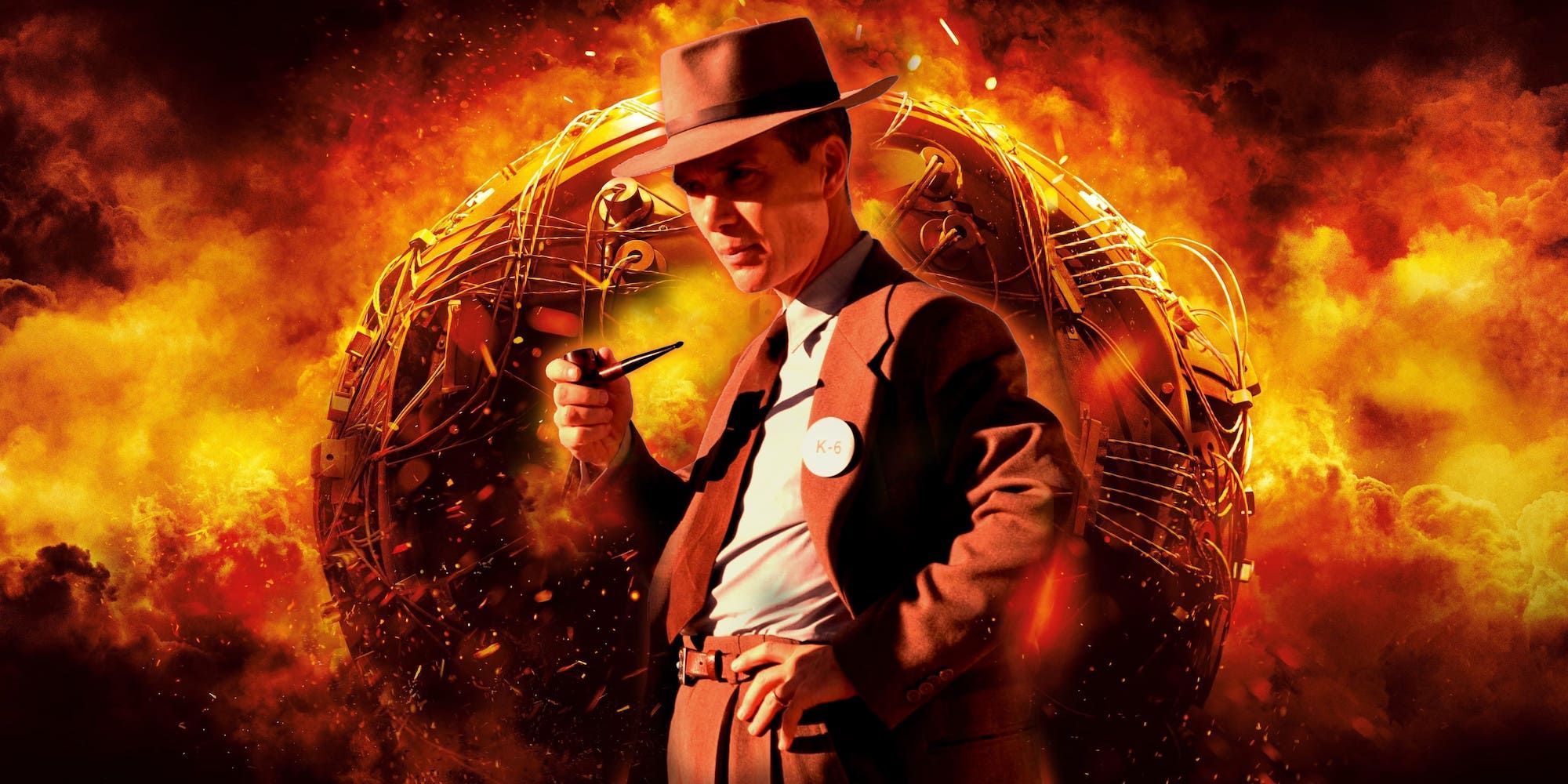 Oppenheimer standing in front of a flaming atomic bomb