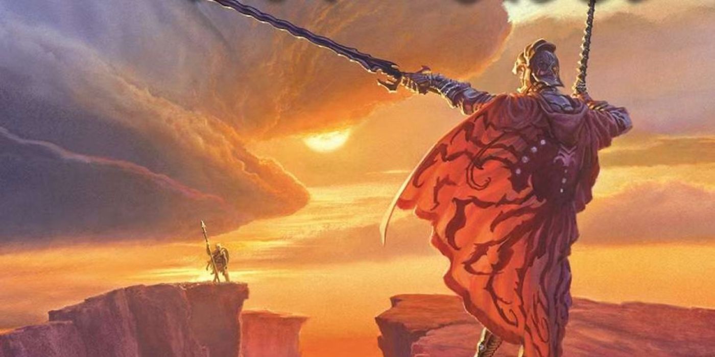 Two figures hold spears on opposite cliffs in cover art for The Way of the Kings by Brandon Sanderson.