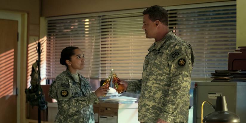Jack Reacher enjoys a beer with Dominique Kohl in Reacher Season 3.