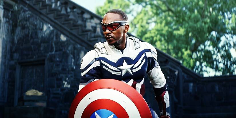Anthony Mackie as Captain America holding his shield in Brave New World. 