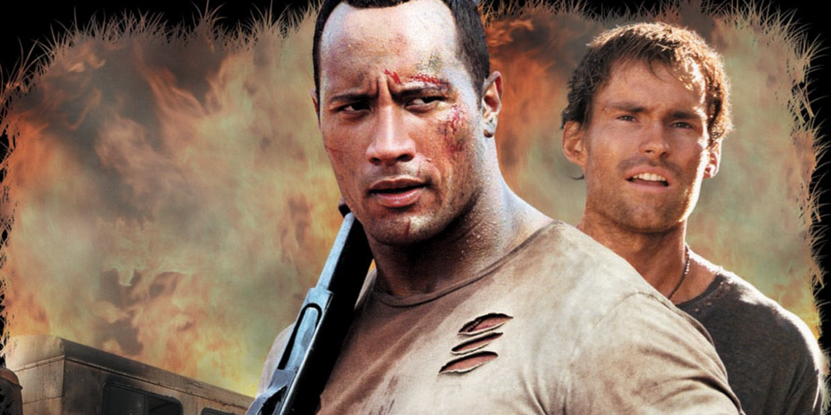 Dwayne Johnson holds a shotgun over his shoulder with Seann William Scott behind him - poster for The Rundown