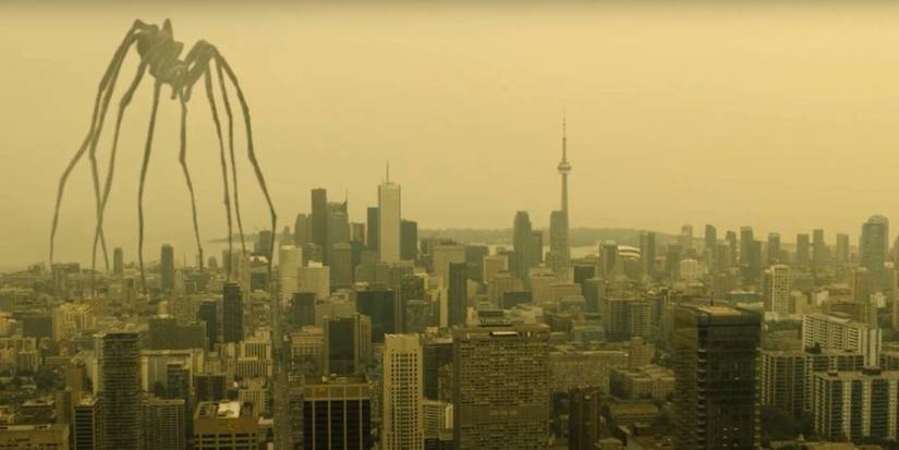 A strange, large spider looms over a city in director Denis Villeneuve's thriller Enemy.