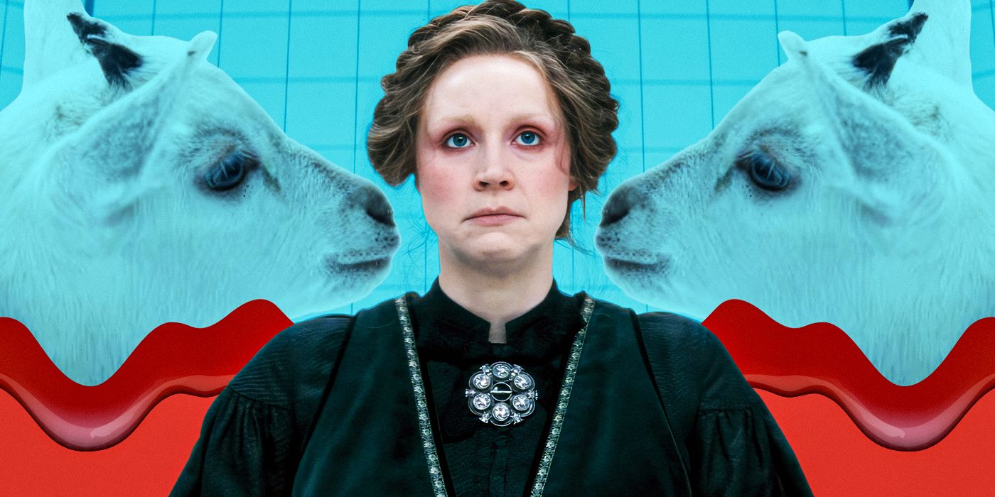 Gwendoline Christie in front of the goats in Severance