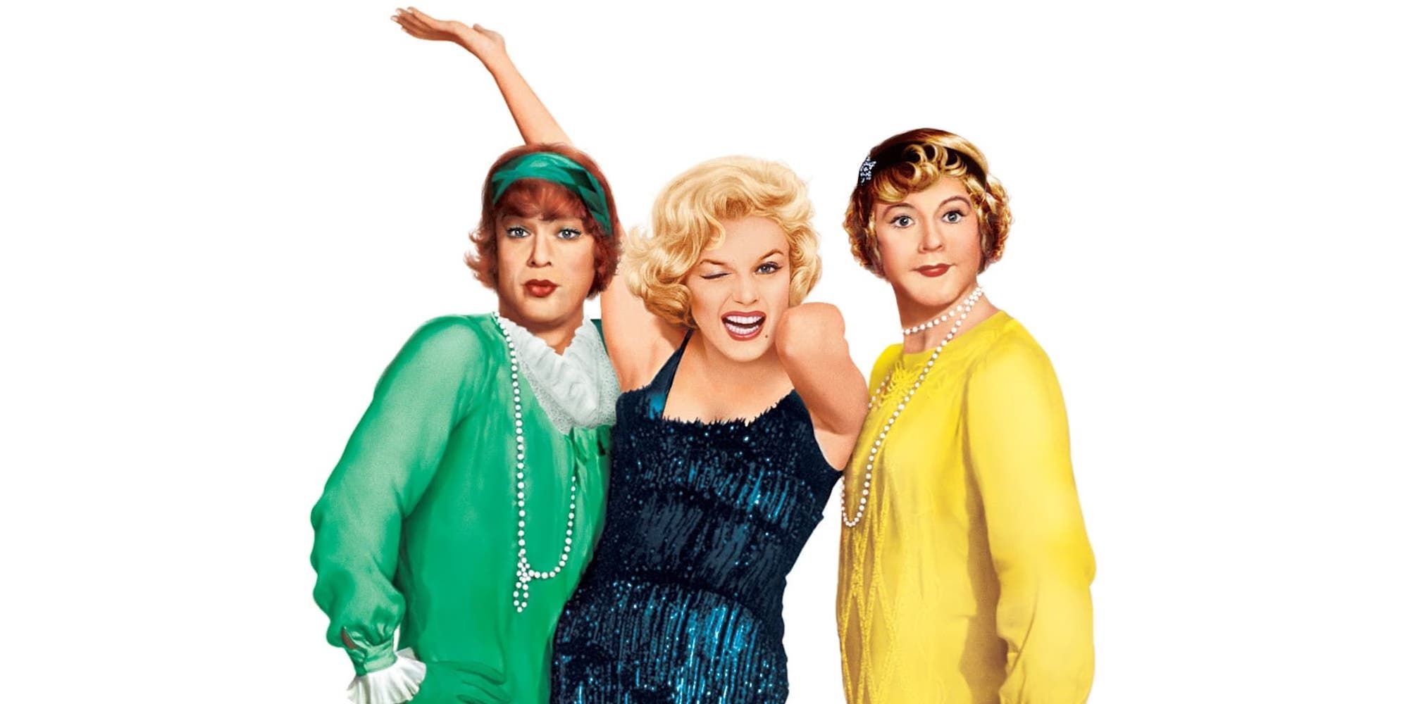 Sugar Kane, played by actor Marilyn Monroe, wearing a blue flapper dress and winking while on either side of her are Joe and Jerry, played by actors Tony Curtis and Jack Lemmon, in drag on the poster for Some Like It Hot.