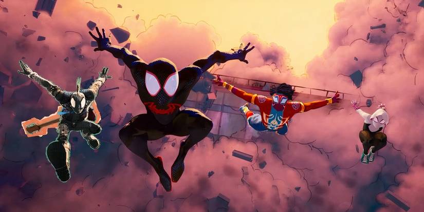 Spider-Punk, Miles, Spider-Man India, Spider-Gwen flying in Spider-Man: Across the Spider-Verse.