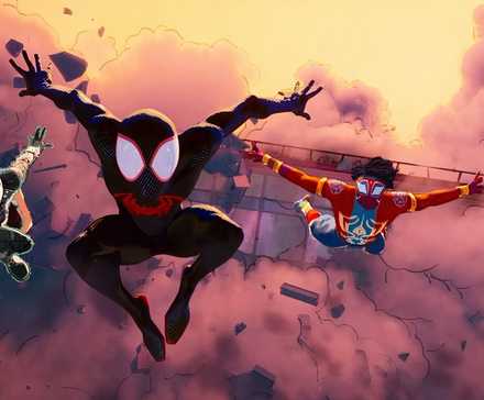 Spider-Punk, Miles Morales, Spider-Man India, Spider-Gwen flying through the air in Spider-Man: Across the Spider-Verse