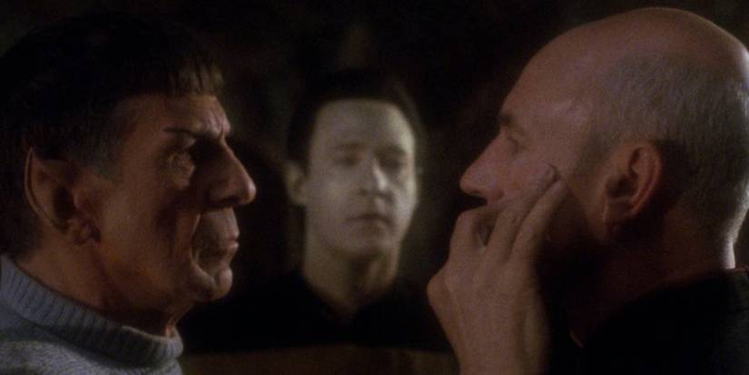 Spock (Leonard Nimoy) mind-melds with Picard (Patrick Stewart) in the  'Star Trek: The Next Generation' episode "Unification"