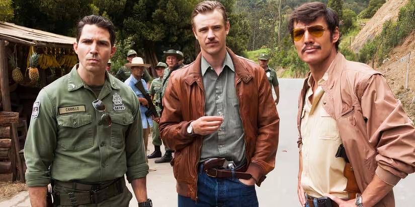 Narcos cast staring out with varying expressions on their faces.