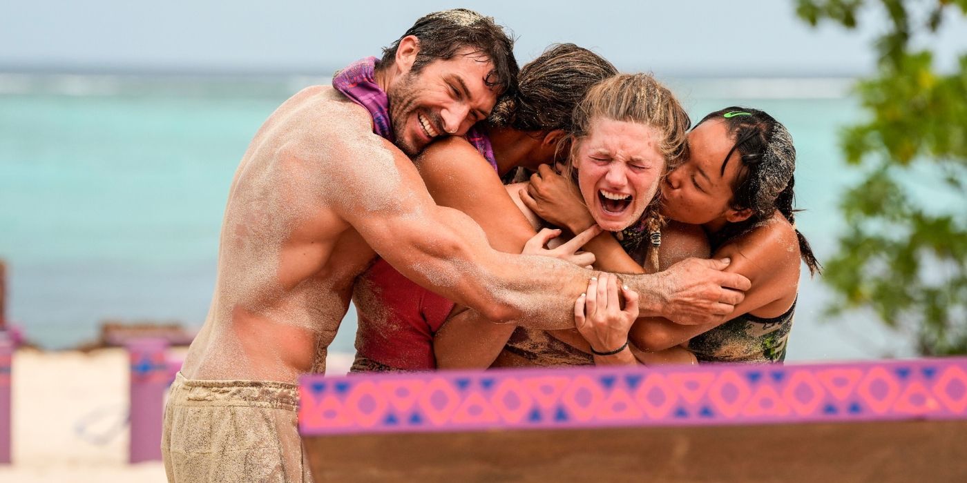 Eva is hugged post challenge on 'Survivor 48.'