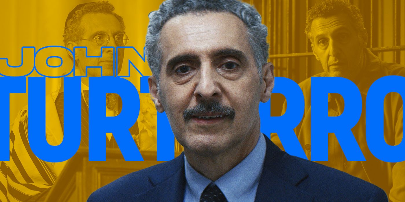 A montage of John Turturro's TV roles and his name written out in blue