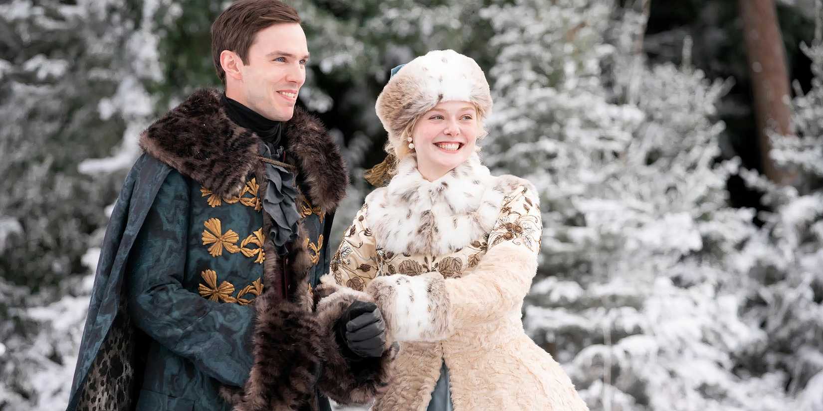 Catherine and Peter smiling in the series The Great.