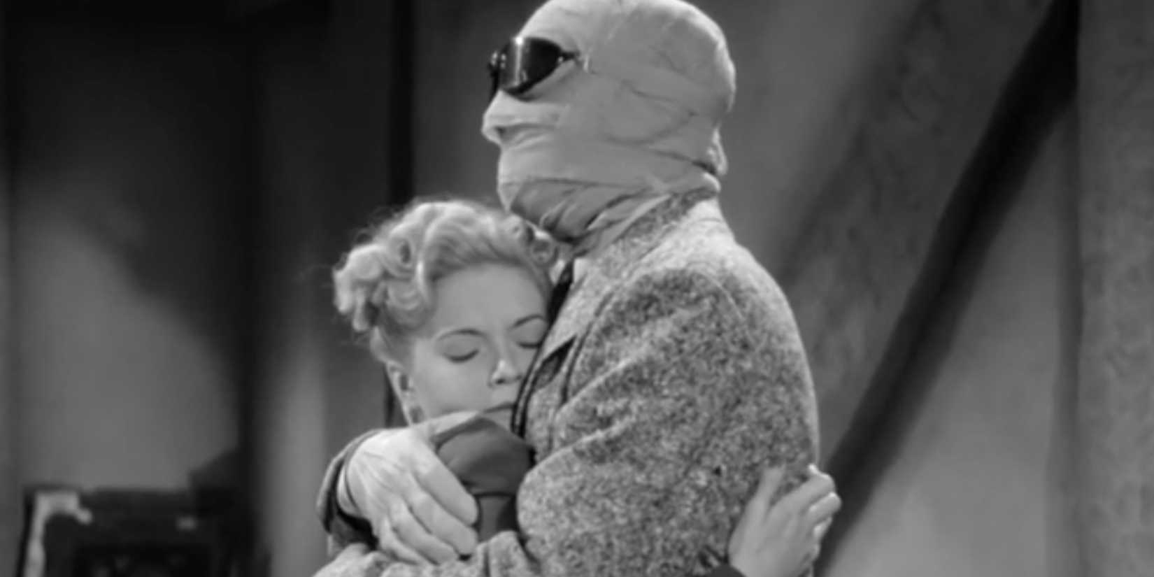 Radcliffe, played by actor Vincent Price, and Helen played by actress Nan Grey, embrace in The Invisible Man Returns.