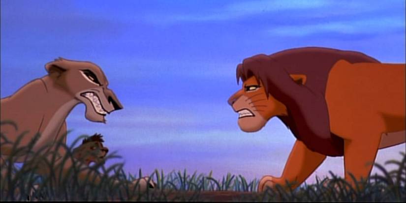 Simba and Zira stare down one another while Kovu hides in the grass