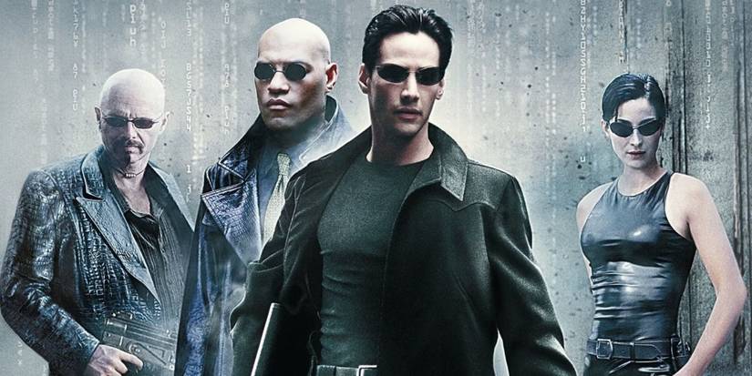 Joe Pantoliano, Laurence Fishburne, Keanu Reeves and Carrie-Anne Moss on the poster for The Matrix,1999.