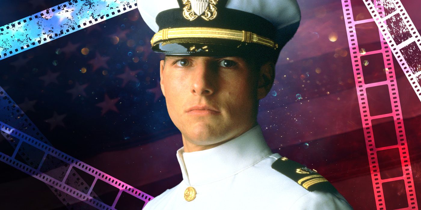 Blended image showing Tom Cruise in A Few Good Men with film rolls in the background.