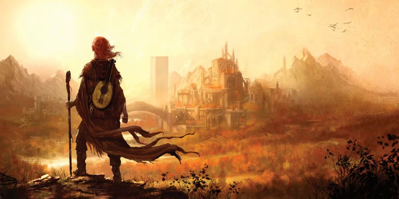 A man overlooking a city in an alternate cover for The Kingkiller Chronicles' The Name of the Wind.