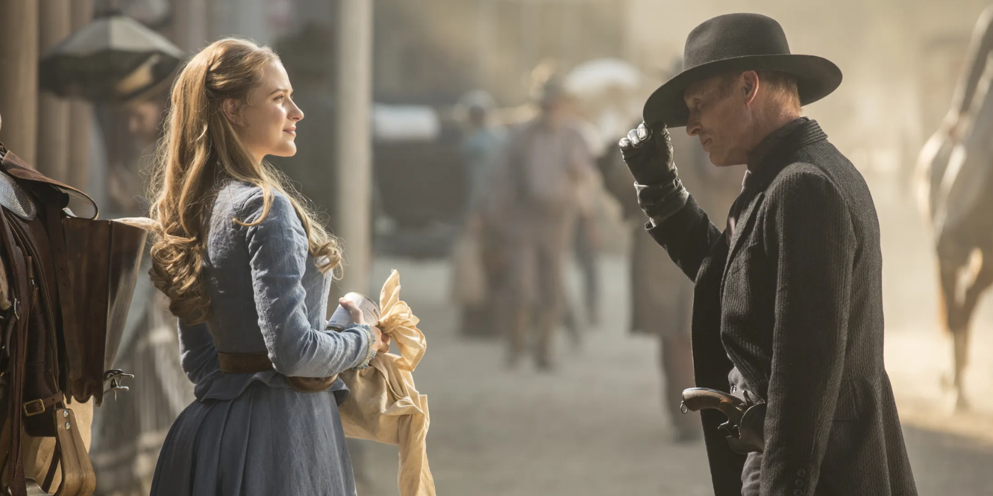 The Man in Black greets Dolores in Sweetwater Ranch in Westworld's episode 1, The Original.