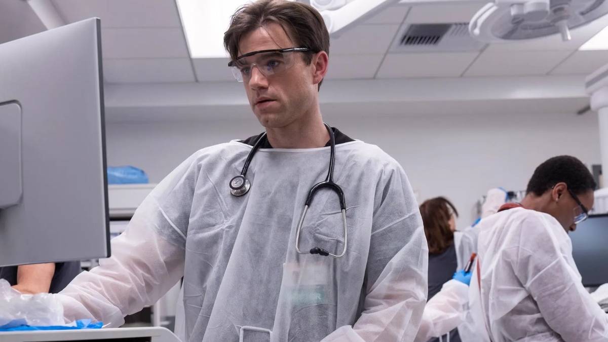 Dr. Langdon (Patrick Ball) in protective gear in 'The Pitt'