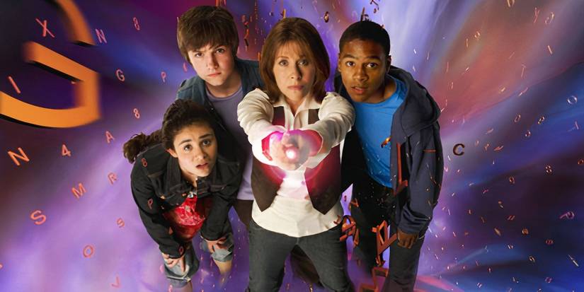 The cast stand together and look up at the camera in The Sarah Jane Adventures.