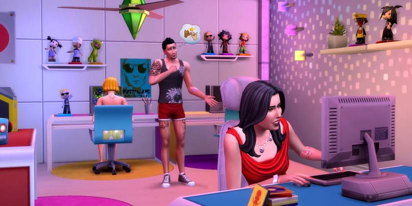 Two Sims in their room on computers while another stands confused in The Sims 4