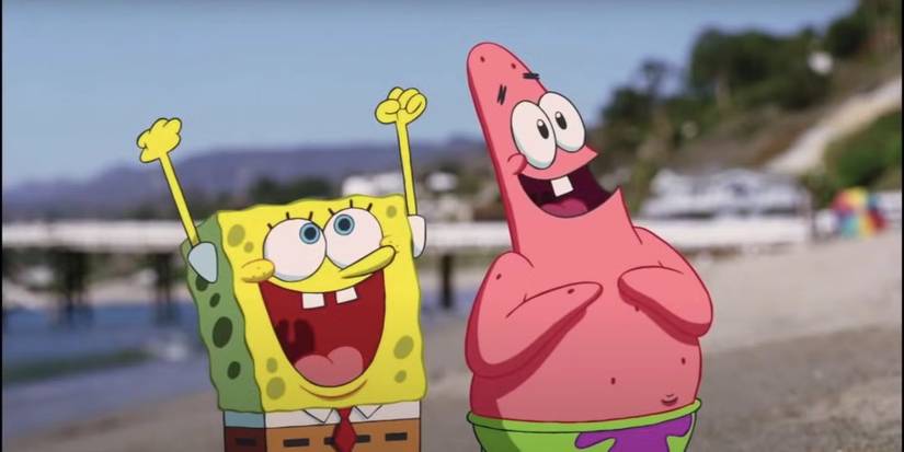 Patrick (Bill Fagerbakke) and SpongeBob (Tom Kenny) jumping with joy on a beach in The Spongebob Squrepants Movie