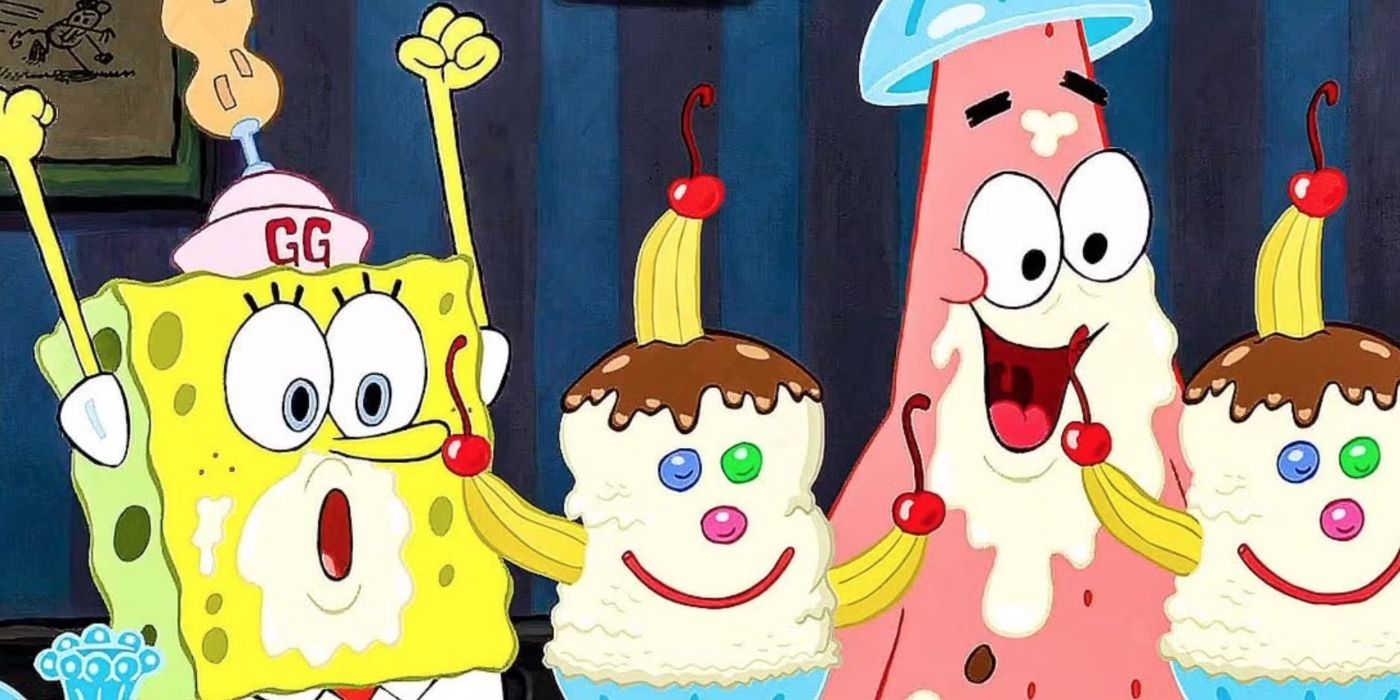 Patrick (Bill Fagerbakke) and SpongeBob (Tom Kenny) eating ice cream in The SpongeBob SquarePants Movie.
