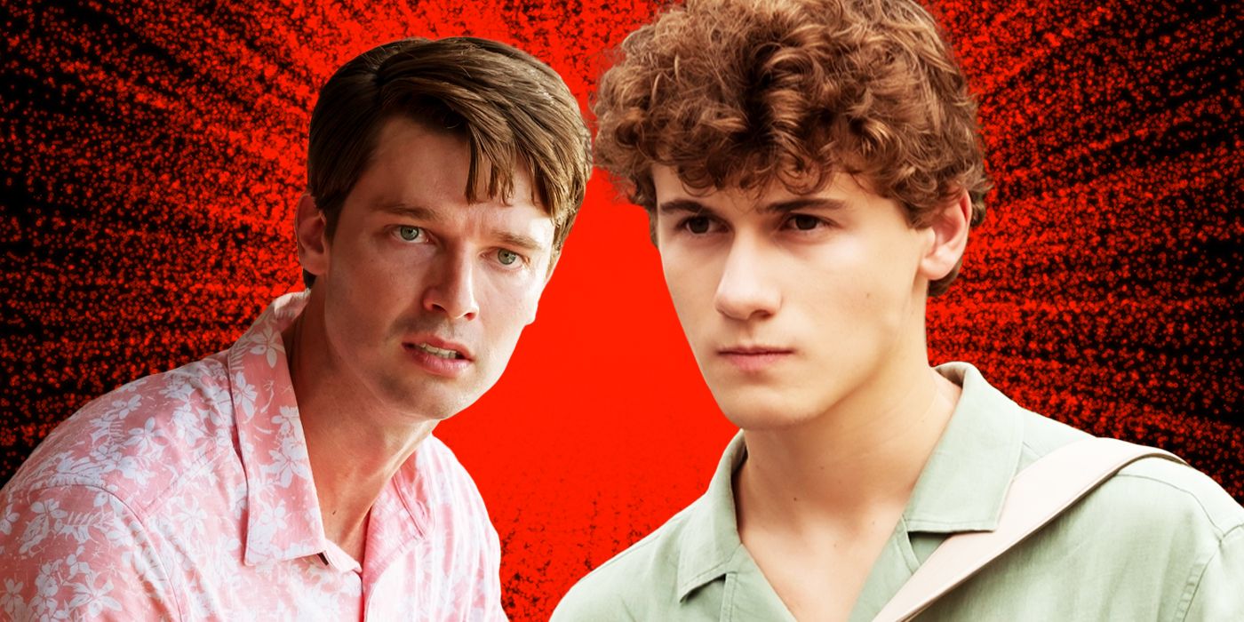 Patrick Schwarzenegger and Sam Nivola in The White Lotus with a red background.