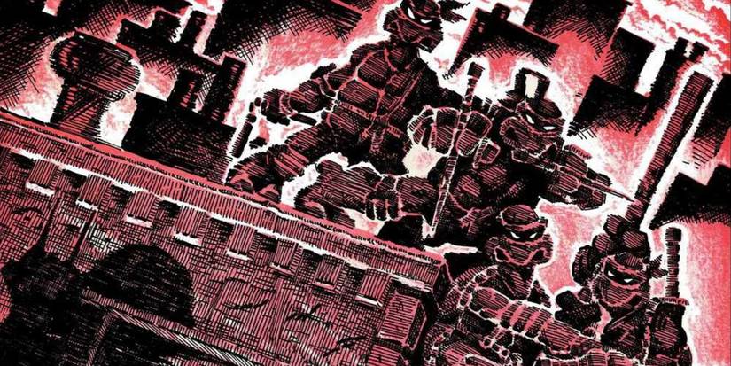 The Teenage Mutant Ninja Turtles as they first appeared in Teenage Mutant Ninja Turtles #1 (1984) with Shredder's shadow in the foreground.