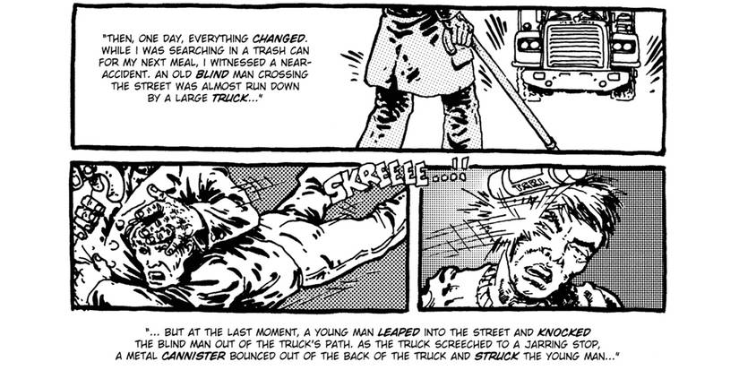 An unnamed Matt Murdock saves a blind man in the first issue of 'Teenage Mutant Ninja Turtles' (1984).