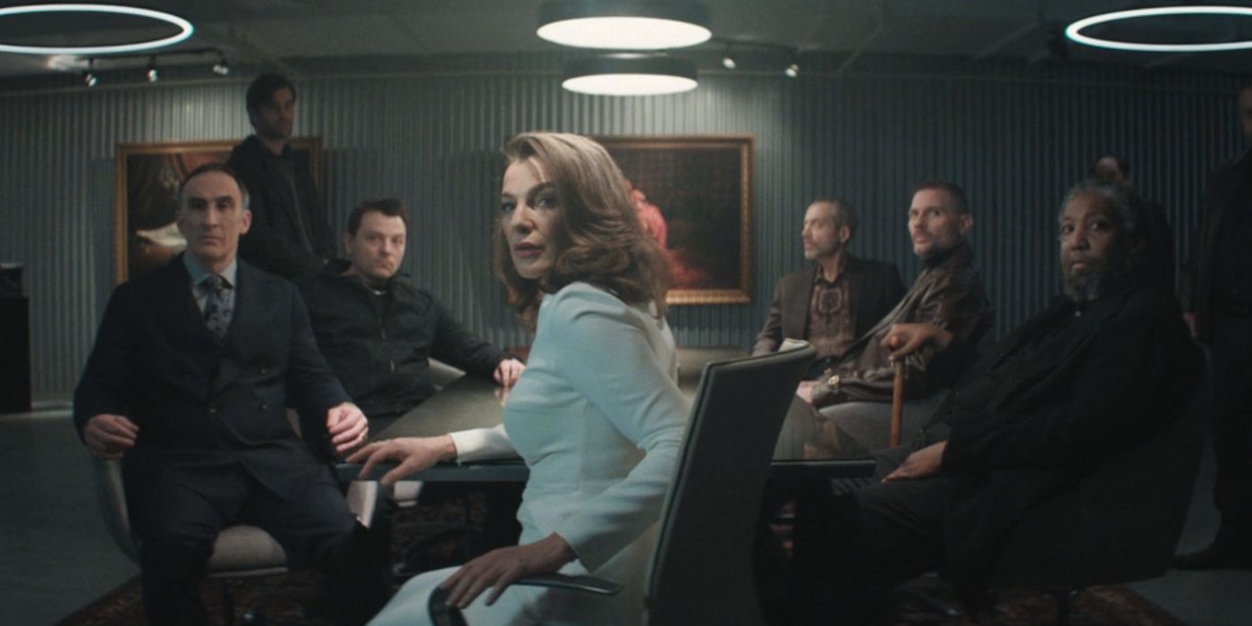 Vanessa Fisk (Ayelet Zurer) leading a meeting of New York&rsquo;s Five Families in Episode 1 of &lsquo;Daredevil: Born Again.'