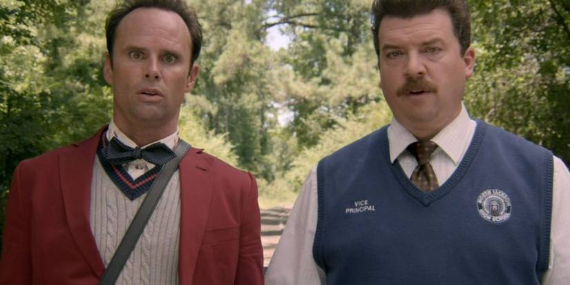 Lee Russell and Neal Gamby scheme on an abandoned train track in the woods in Vice Principals 