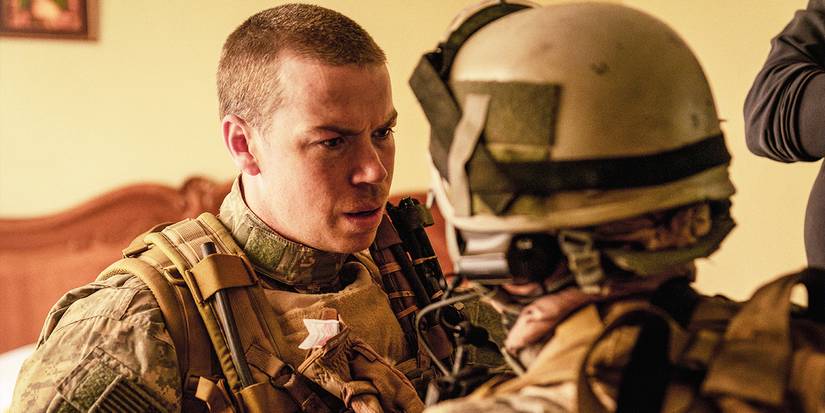 Will Poulter in 'Warfare' looking confused in fatigues
