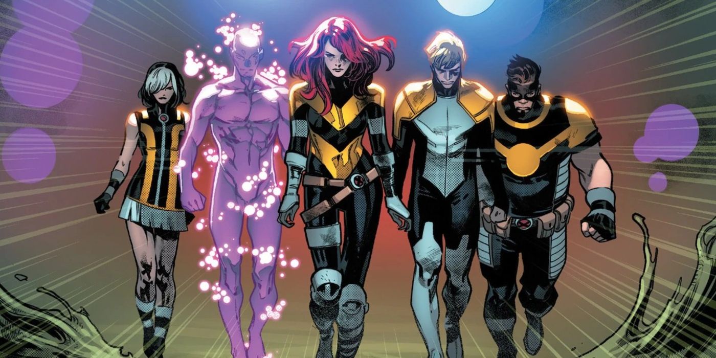 Tempus, Proteus, Hope Summers, Elixir, and Egg as depicted by Pepe Larraz in House of X #5