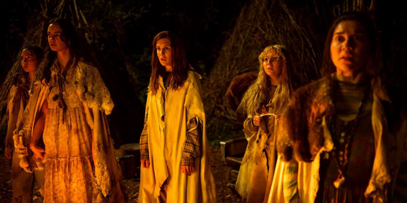 Anisa Harris as Teen Robin, Courtney Eaton as Teen Lottie, Sophie Nélisse as Teen Shauna, Samantha Hanratty as Teen Misty and Vanessa Prasad as Teen Gen in Yellowjackets, episode 7, season 3