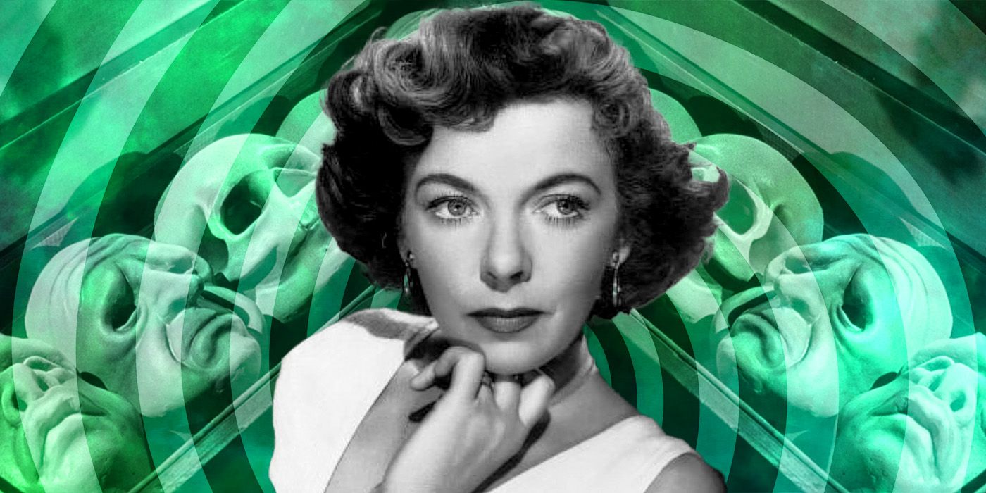 Custom image of Ida Lupino in front of masks from the 'Twilight Zone' episode, 