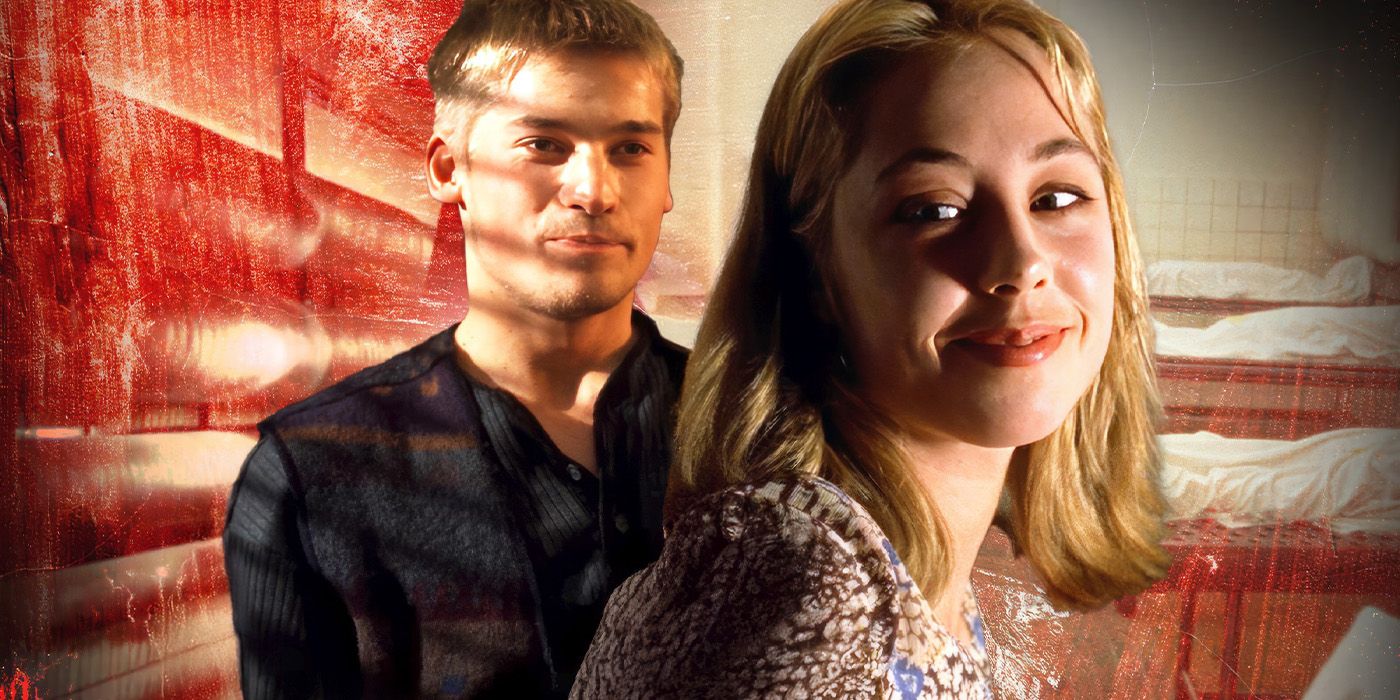 Kalinka, played by actor Sofie Gråbøl, stands smiling in front of Martin, played by actor Nikolaj Coster-Waldau, in front of a red-tinted autopsy room.