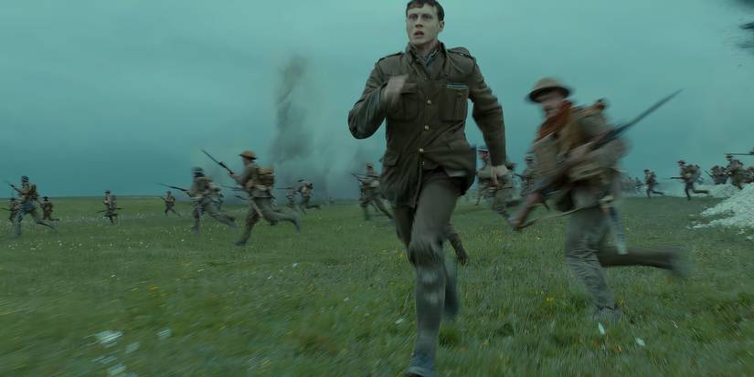 Lance corporal Will Schofield sprints across an active battlefield to deliver a message in 1917 (2019) dir. Sam Mendes.