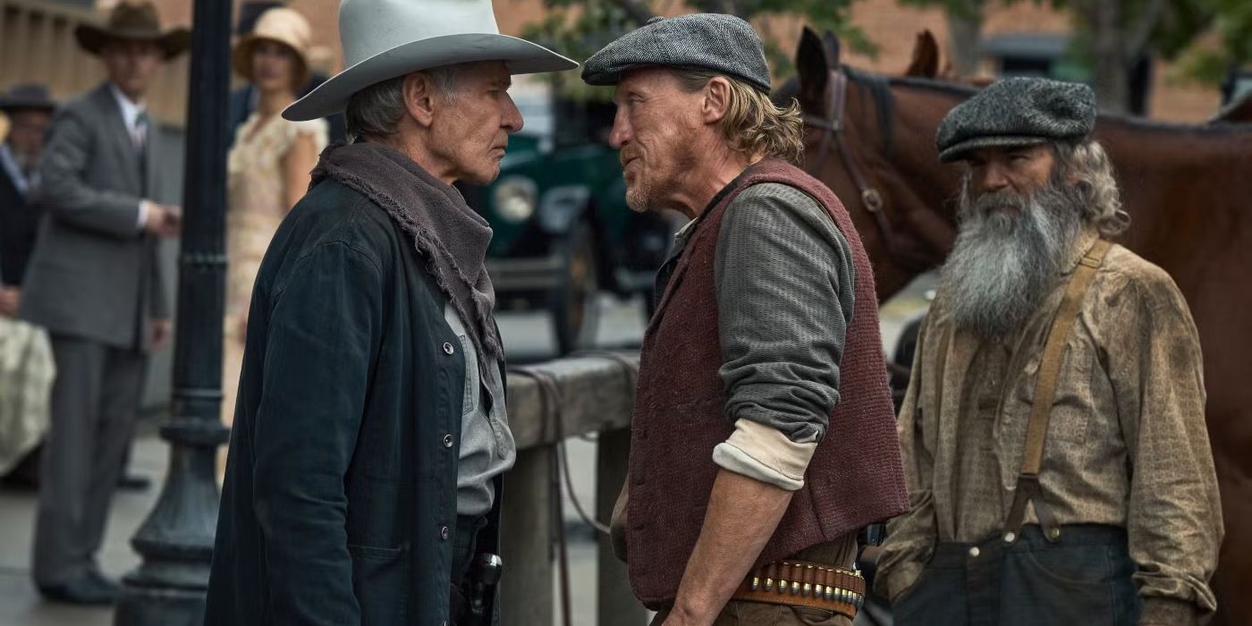 Jacob Dutton (Harrison Ford) stands face to face with Banner Creighton (Jerome Flynn) in 1923.