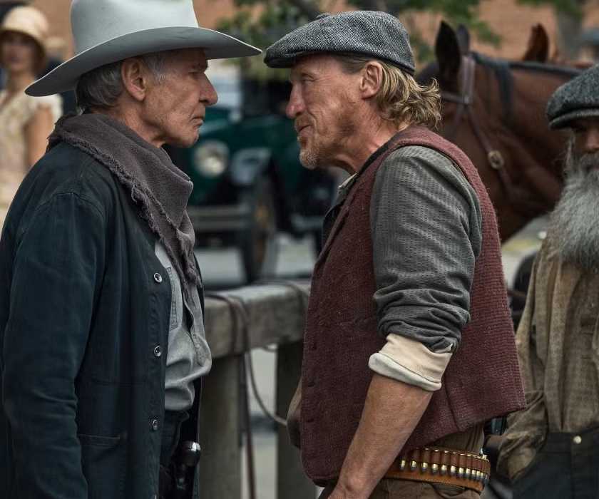 Jacob Dutton (Harrison Ford) stands face to face with Banner Creighton (Jerome Flynn) in 1923.
