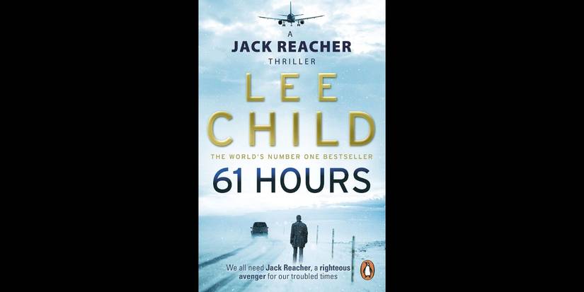 A figure with a car driving away on a road with snow on the book cover for 61 Hours by Lee Child.