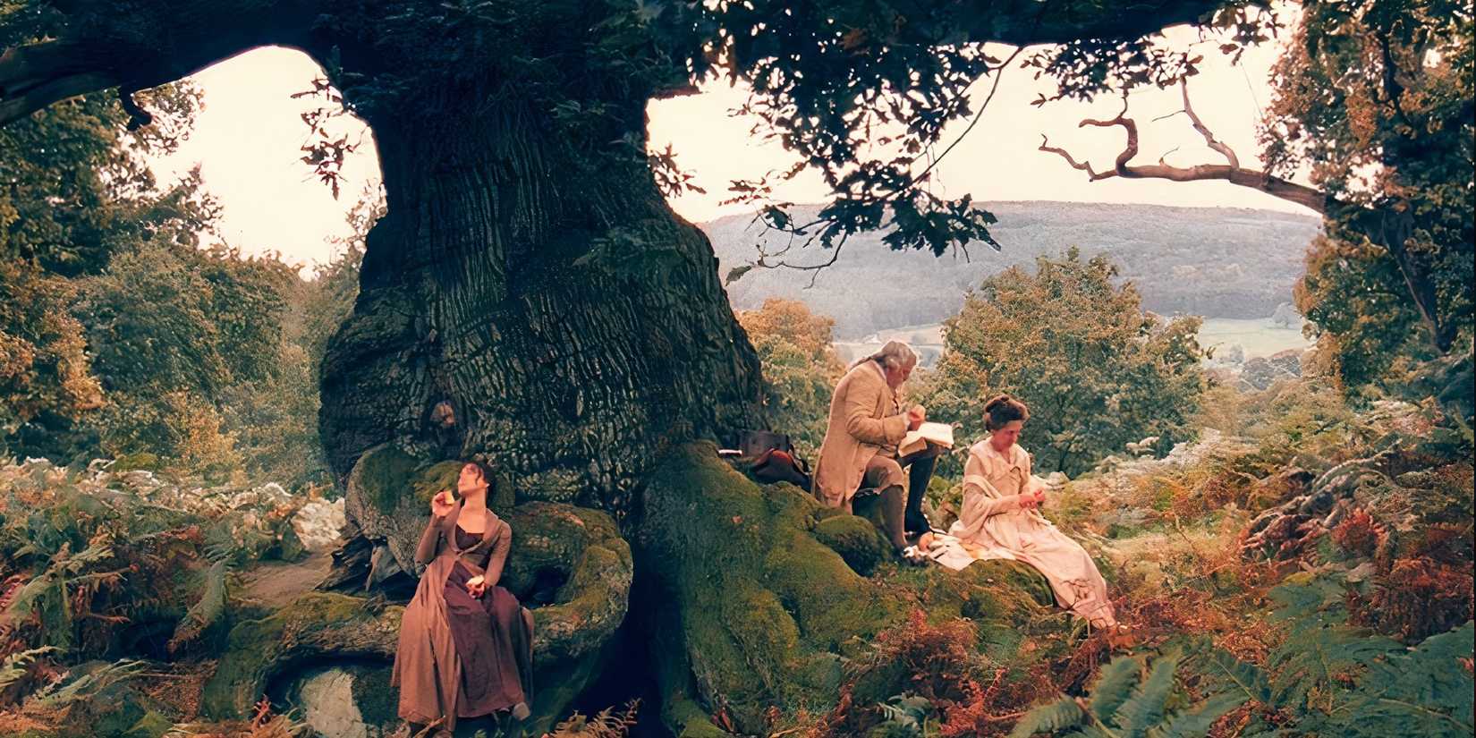 A beautiful shot of Pride and Prejudice showing Lizzie and her aunt and uncle under a tree