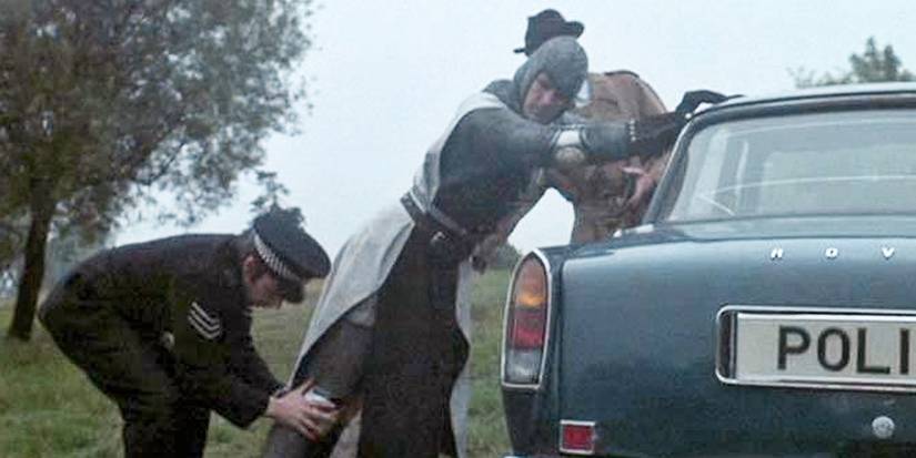 A knight getting arrested in 'Monty Python and the Holy Grail'