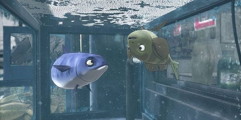 A mackarel looking at a dead fish in a fish tank in 'Padak'