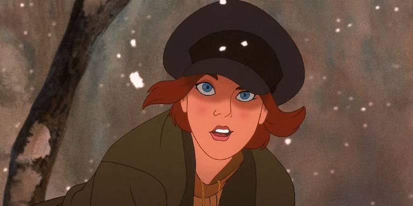 Anastasia, voiced by Meg Ryan, looks confused as snow falls in the animated film Anastasia.