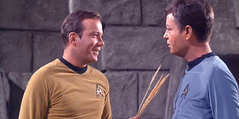 Captain Kirk (William Shatner) teases Doctor McCoy (DeForest Kelley) in the Star Trek: The Original Series episode "The Man Trap."