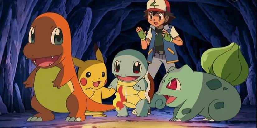 Charmander, Pikachu, Squirtle, Ash, and Bulbasaur in 'Pokemon' (1997).