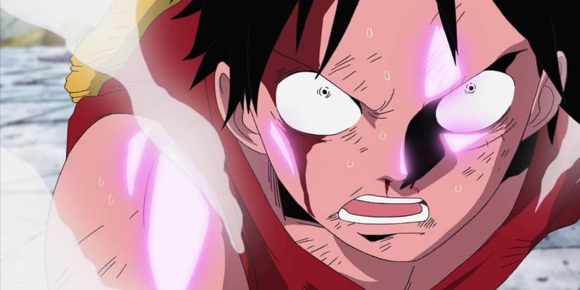 A close-up of Luffy powered-up in One Piece