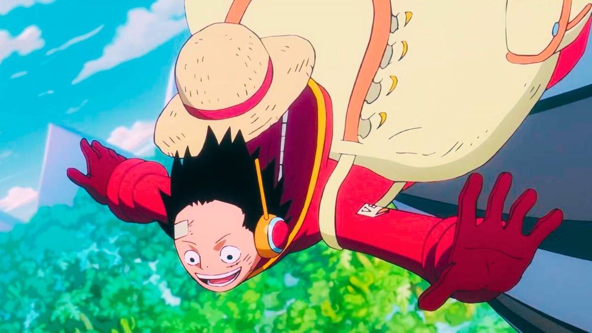 Luffy flying over greenery in One Piece Egghead Arc part 2